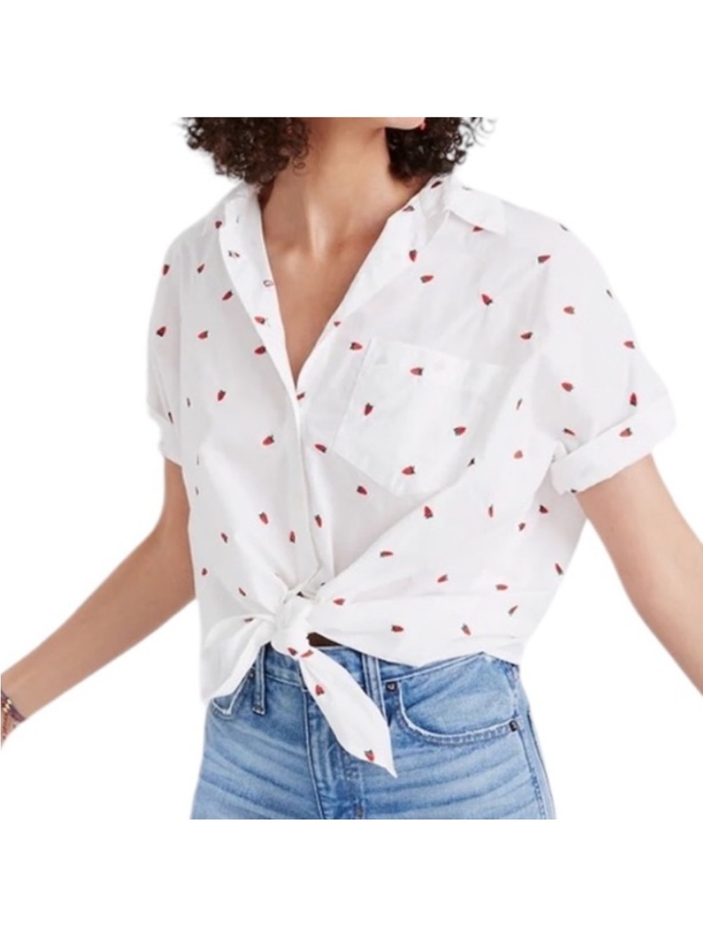 Madewell White Button-Front Tie Shirt with  embroidered strawberries